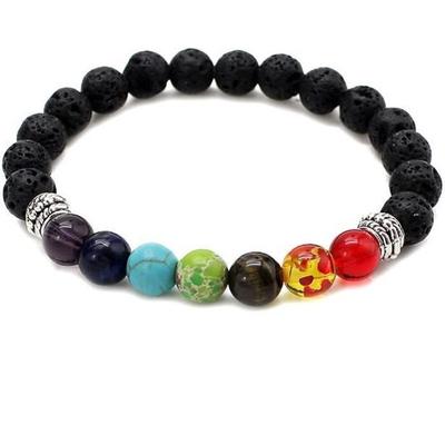 Bracelet - B0272 - 7 Chakras - Natural Lava Stone - Tiger's Eye - 8MM