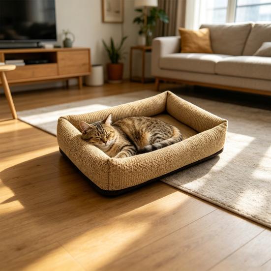 Jute Cat Bed 2-in-1 Cat Bed And Scratching Pad Breathable Pet Lounger Bed with Raised Edges Anti-Slip Bottom for Cats Small Dogs All Seasons