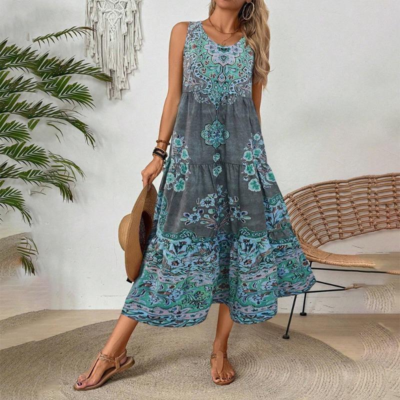 2026 Новое европейское и американское платье-майка без рукавов с V-образным вырезом и принтом | Стильное женское платье для отпуска, готовое к трансграничной торговле S