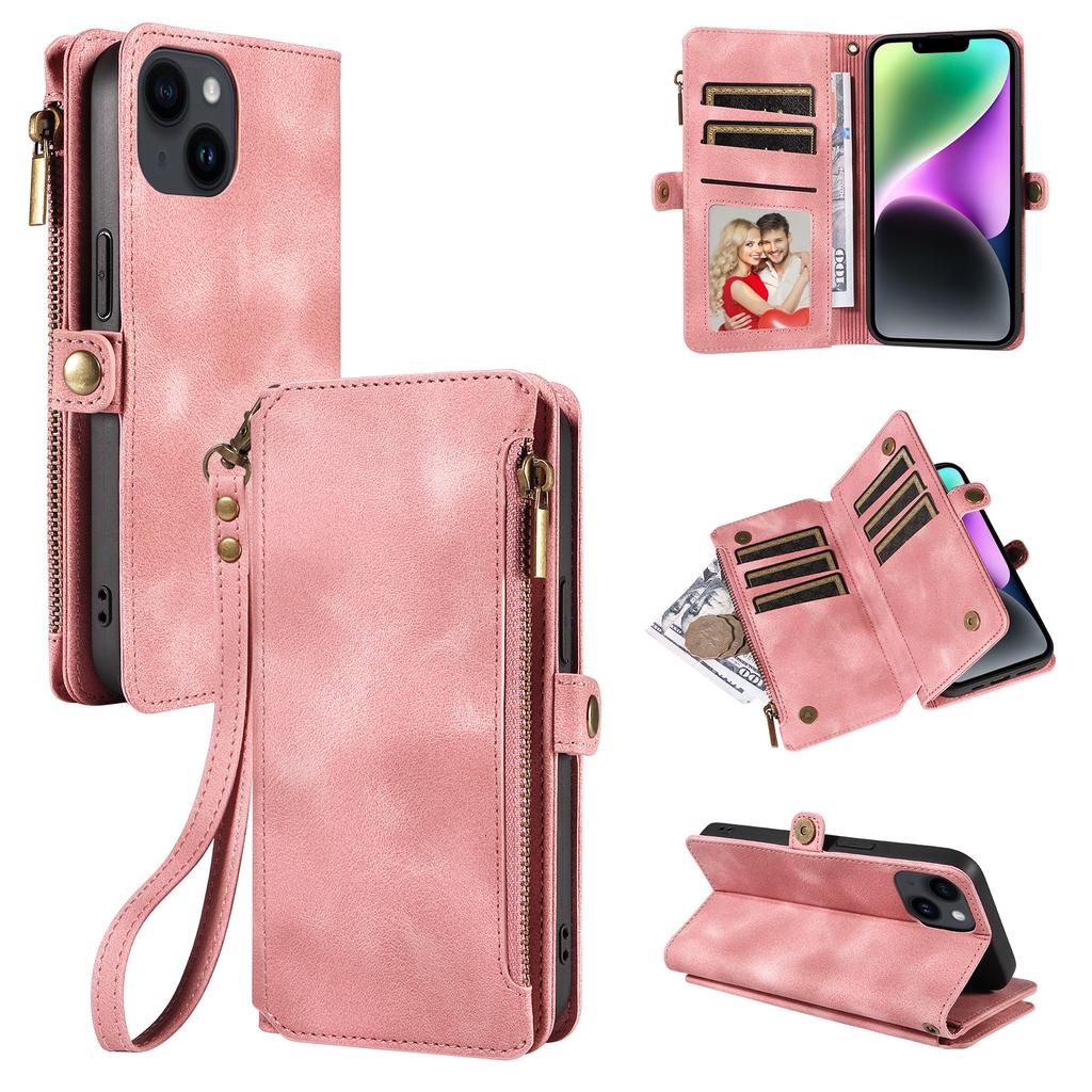 For iPhone 15 RFID Blocking Stand Leather Case Drop-proof Phone Cover Zipper Pocket Wallet with Strap