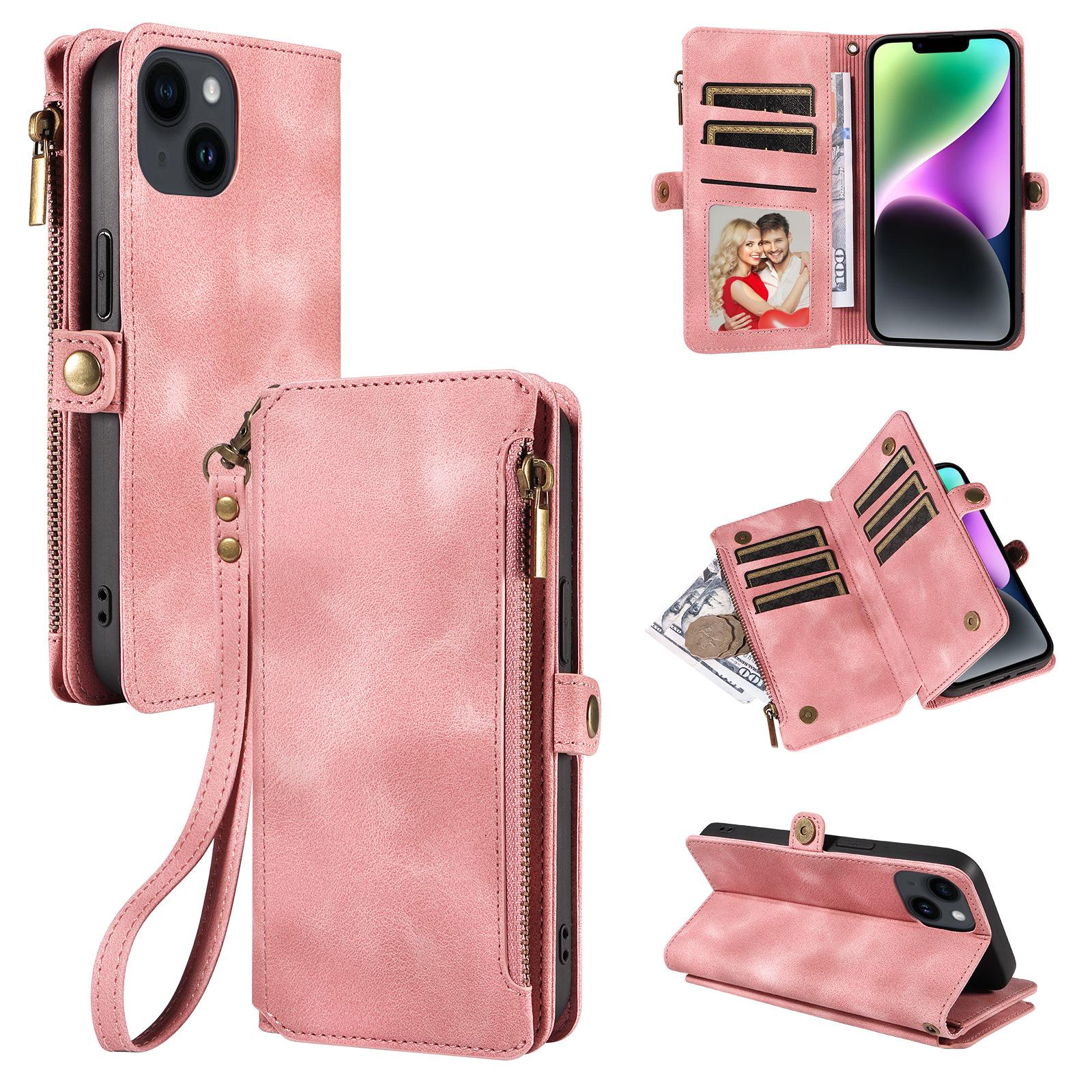

For iPhone 15 Plus Anti-Scratch Phone Cover Zipper Pocket Wallet RFID Blocking Stand Leather Case with Strap Pink