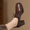 Retro style square head lace-up deep mouth leather shoes single shoes women's 2025 autumn new versatile British style high heels women's shoes