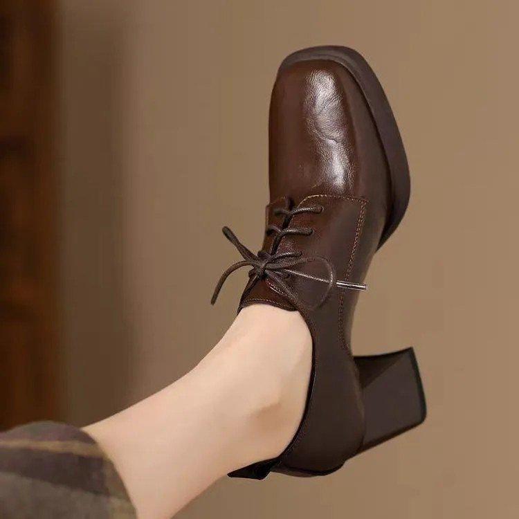 Retro style square head lace-up deep mouth leather shoes single shoes women's 2025 autumn new versatile British style high heels women's shoes