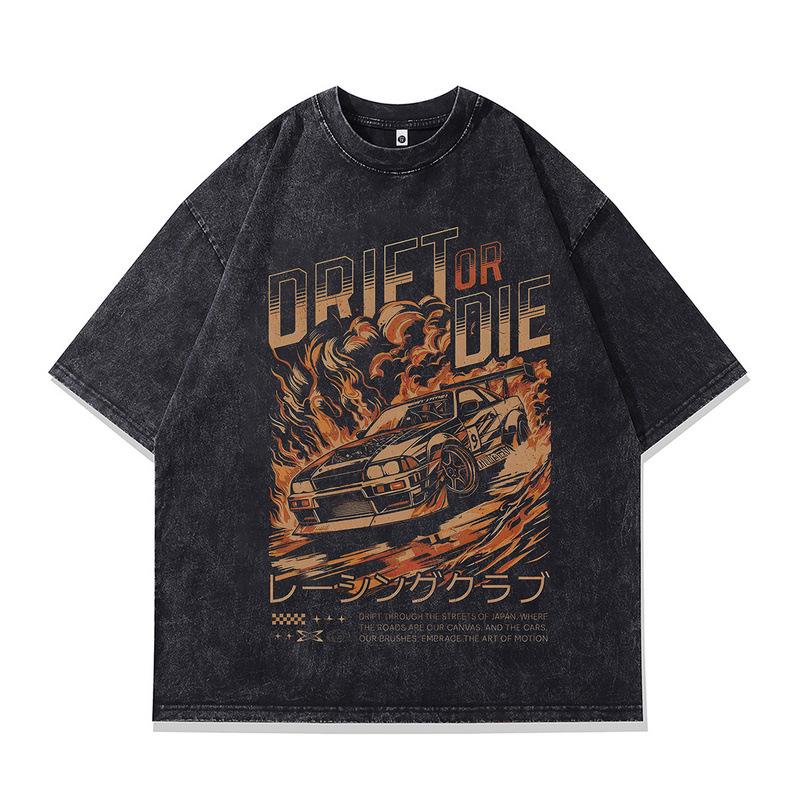 Heavy Washed Old Short-Sleeved T-Shirt For Men And Women Of The Same Style American Street Retro Racing Printing