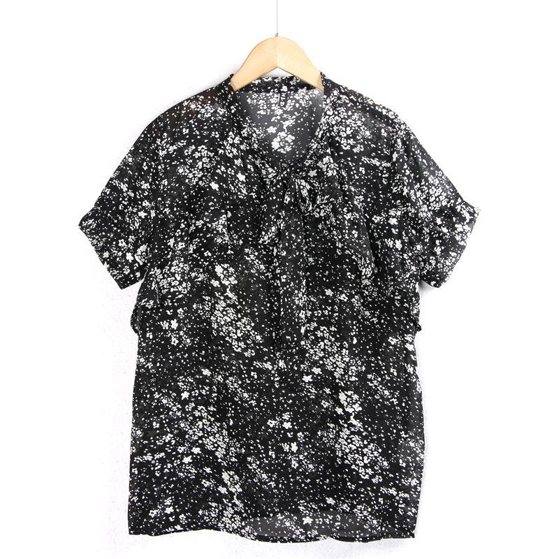 

Lacing Chiffon Lace Fresh Sweet Short Sleeve Shirt Black Floral One size