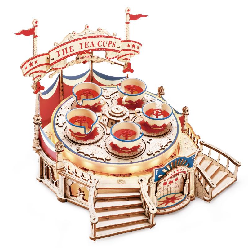 

3D Wooden Puzzle - Tilt-A-Whirl Tea Cup Amusement Park DIY Music Box, Christmas & Birthday Gift for Kids
