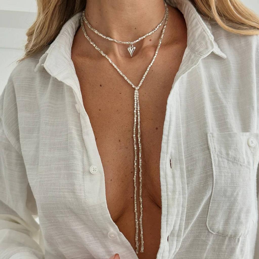 Salircon Sexy Gold Color Heart Pendant Necklace Women Adjustable  Irregular Bead Choker Sweater Chain DIY Neck Jewelry Accessory