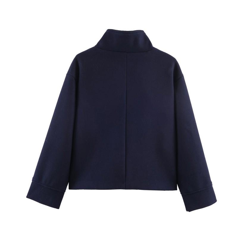 Womens Short Wool Blend Coat With Button Detail Stand Collar Street Style Winter Outerwear
