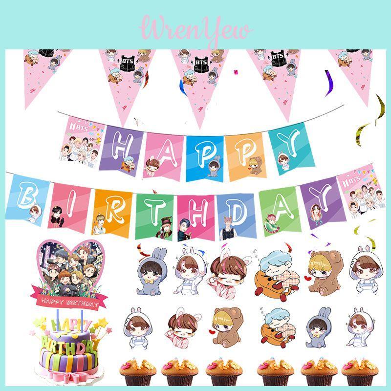 Festive Bts Theme Birthday Party Supplies Featuring Colorful Cake Topper And Cheerful Cupcake Toppers