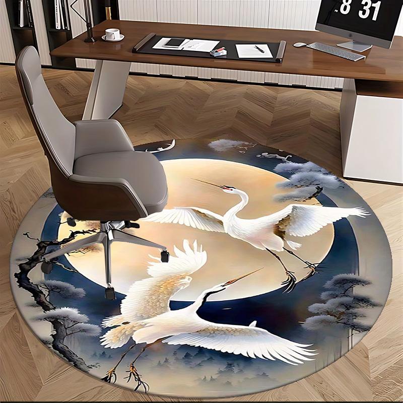 1pc Anime Crane Design Round Carpet Office Chair Mat, Non Slip Rug for Home Decor, Gift, Office, Living Room, Bedroom