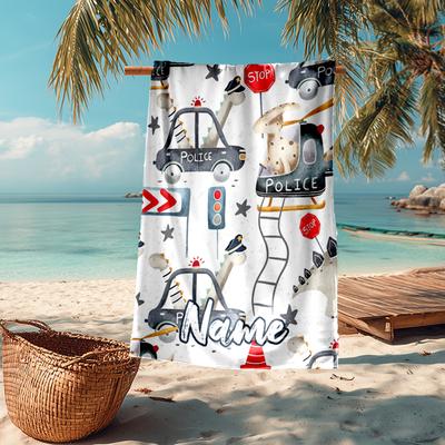 Custom Name Ultra-Soft Beach Towel with Fire Trucks Police Cars Theme,Ideal for Pool - Camping, Diving - Perfect Travel Essential, Vibrant Beach Towel