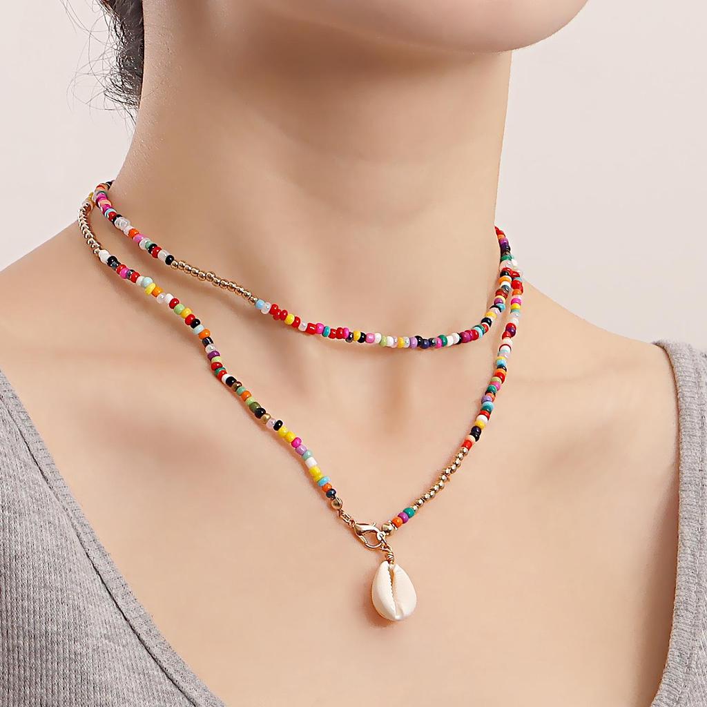 Bohemian Double-Layer Colored Rice Beads Shell Necklace - European & American Beach Style