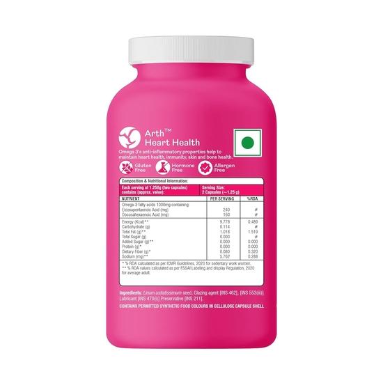 ARTH Omega 3 Supplement (Vegetarian)  | Derived from Algal EPA & DHA|  100% Natural Omega 3 Capsules with EPA 240mg & DHA 160mg | (30 Veg Capsules)