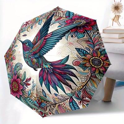1pc Hummingbird Floral Automatic Open/close Folding Compact Umbrella, 8 Rib Sturdy Canopy, Lightweight Portable, Everyday Use, Gift,,124