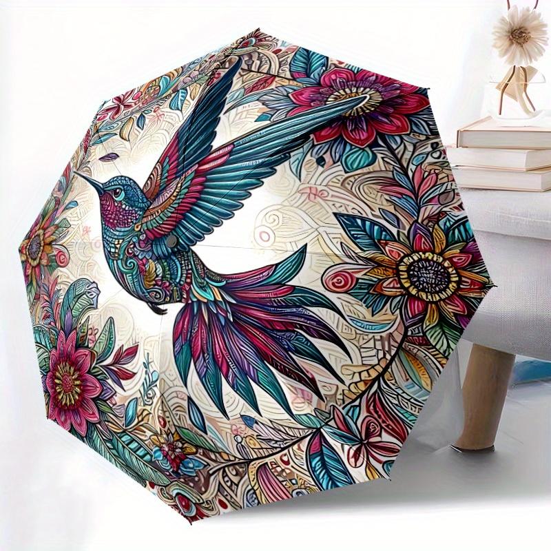 1pc Hummingbird Floral Automatic Open/close Folding Compact Umbrella, 8 Rib Sturdy Canopy, Lightweight Portable, Everyday Use, Gift,,124