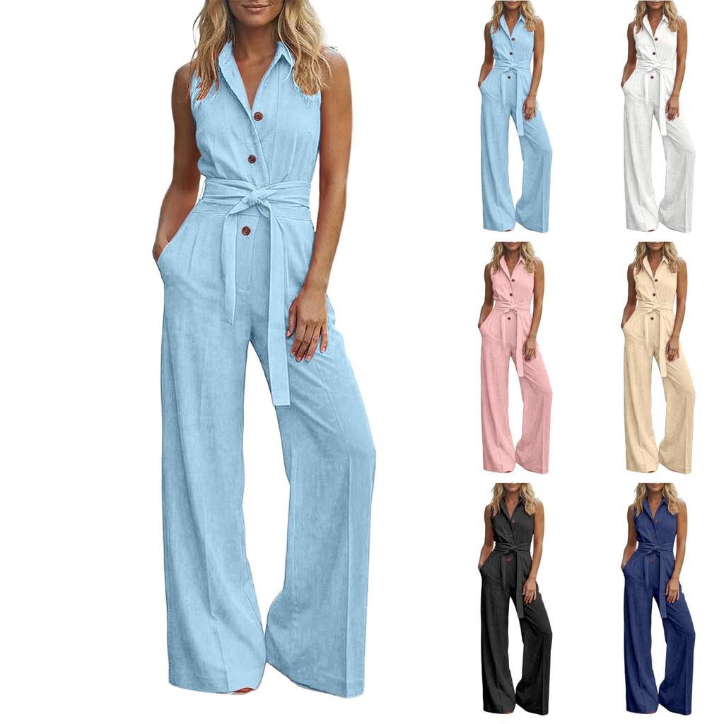 Sleeveless Jumpsuit with Button Front and Waist Tie Wide Leg Pants Casual One Piece Romper for Women