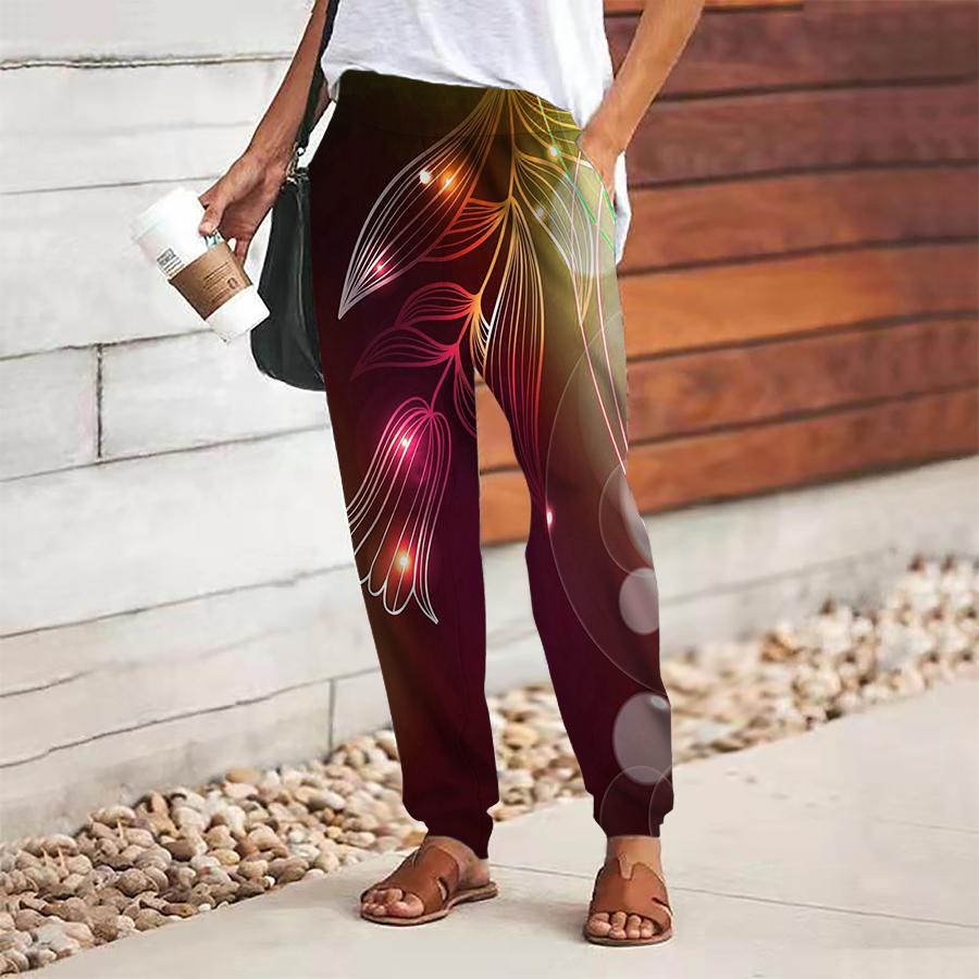 Women Multicolored Printing Pants Lace Up Elastic Waist Loose  Trousers Casual Long Pants Trousers with Pockets