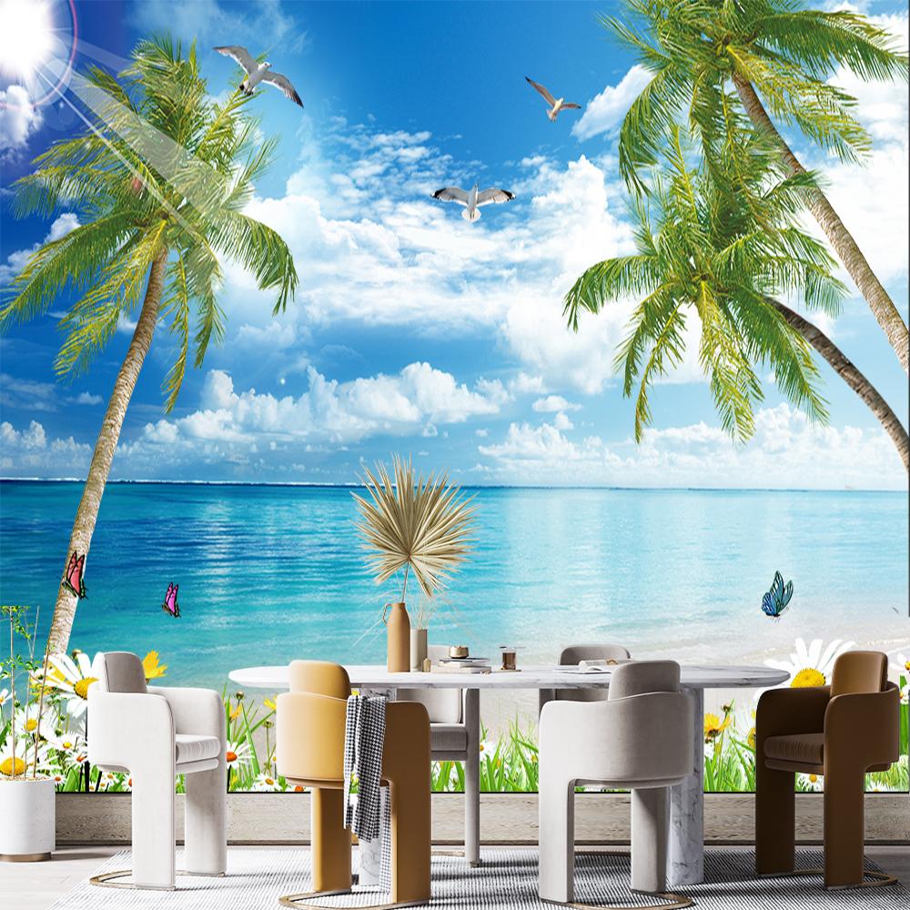3d Beach Wall Mural Sky Ocean Wallpaper Living Room Beach Wallpaper