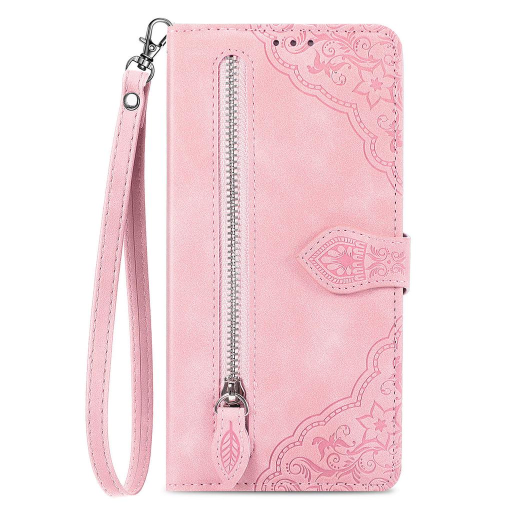 For Oppo Reno12 F 5G Zipper Wallet Case with Strap Flower Imprint PU Leather Phone Cover