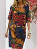 Floral Print Vintage Slit Round Neck Short Sleeve Dress