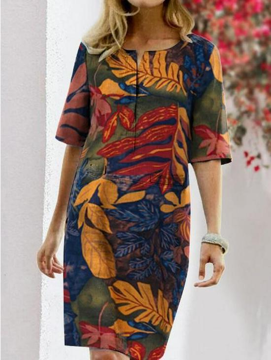 Floral Print Vintage Slit Round Neck Short Sleeve Dress