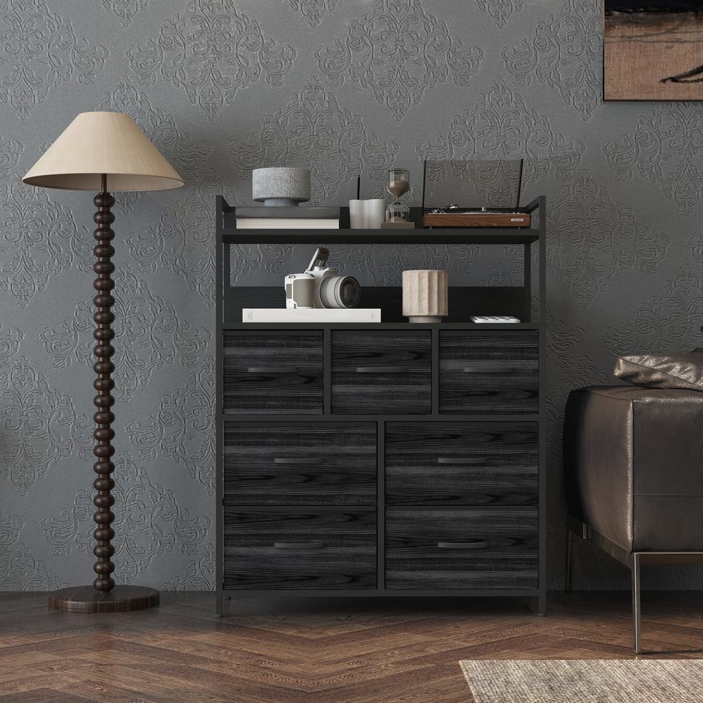 Rustic Chest of Seven Fabric Drawers - Black