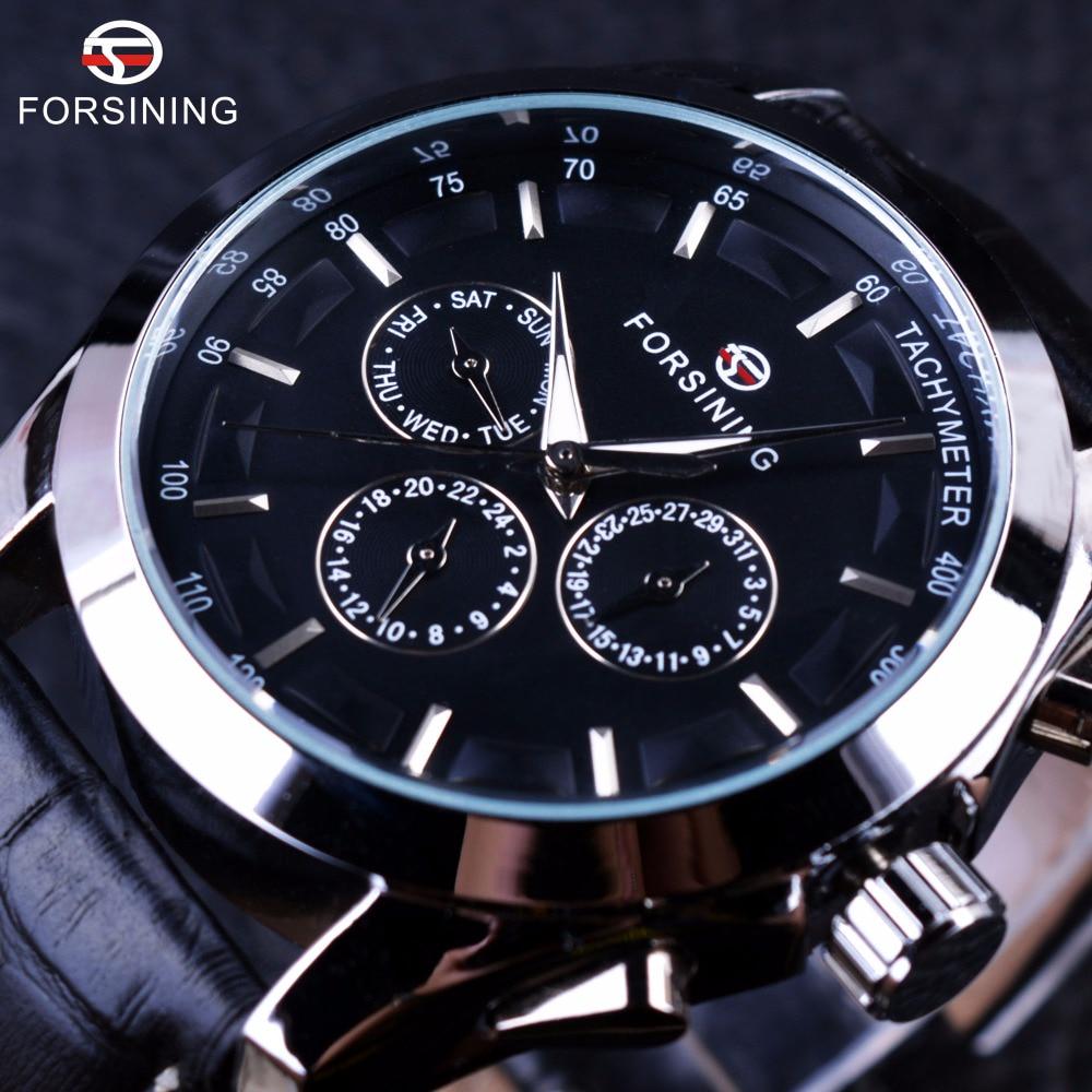 Forsining Retro Fashion Designer Three Dial Decoration Genuine Leather Golden Men Luxury Brand Automatic Mechanical Watches
