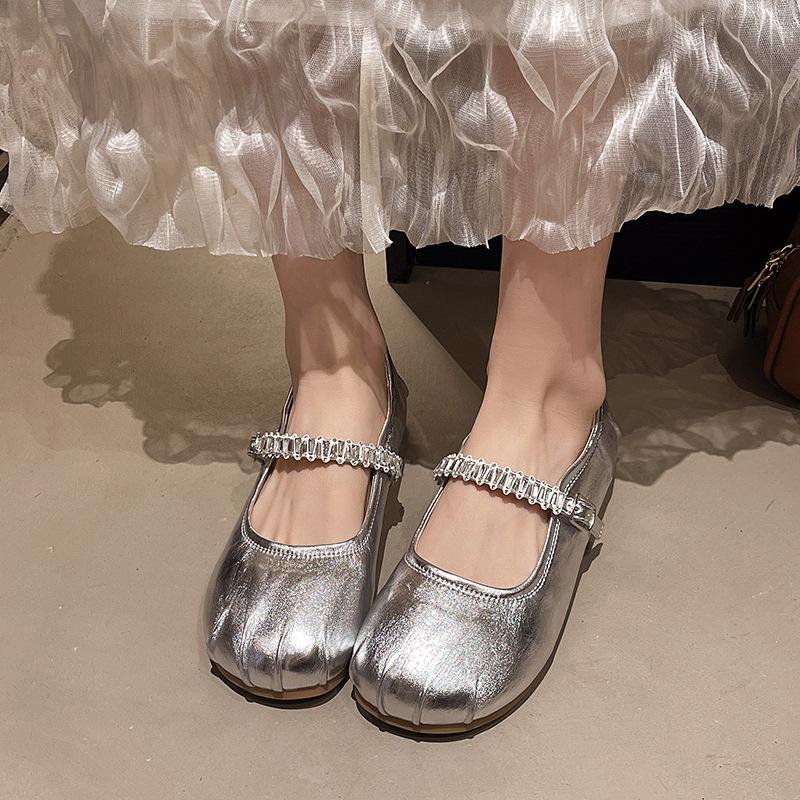 French rhinestone silver Mary Jane shoes women's 2025 autumn and summer new models with skirts, evening small leather shoes, flat shoes