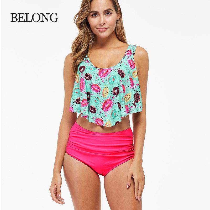 Large Size Women's Fashion Modest Two Pieces Swimsuit Padded Ruffled Top High Waisted Bottom Swimwear Set Printed Backless Tankini Bathing Suit