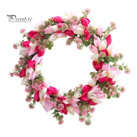 

15-дюймовый венок из тюльпанов для входной двери, весенне-летний венок из искусственного шелка с листьями эвкалипта, искусственный цветочный венок для внутреннего и наружного декора стен B