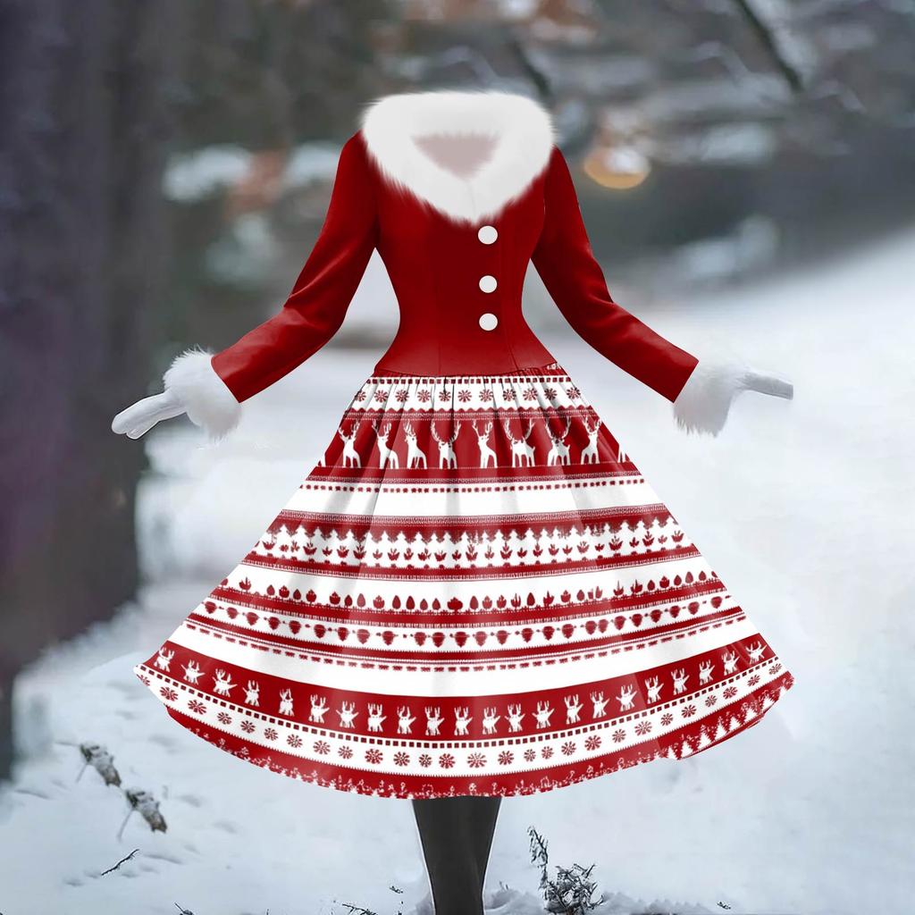 Women's Casual Dress Long-Sleeve V-Neck Patchwork Fleece Christmas Print Dress