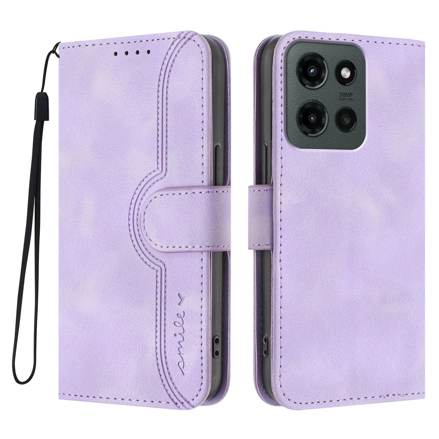 

For Motorola Moto G Stylus 5G (2025) Leather Case Wallet Stand Smile Imprinted Phone Cover with Strap Purple