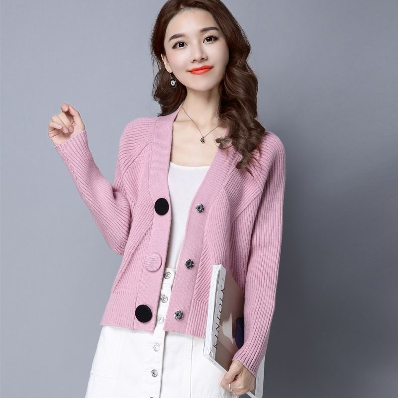 

Модный осенний вязаный свитер для женщин - облегающий короткий кардиган-жакет L розовый