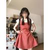 College style fashion new small short skirt red plaid fake two-piece strap dress children summer