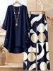 Large Size Women's Seven-quarter-sleeved Irregular Top Plant-printed Wide-leg Pants Casual Two-piece Set Multi-color