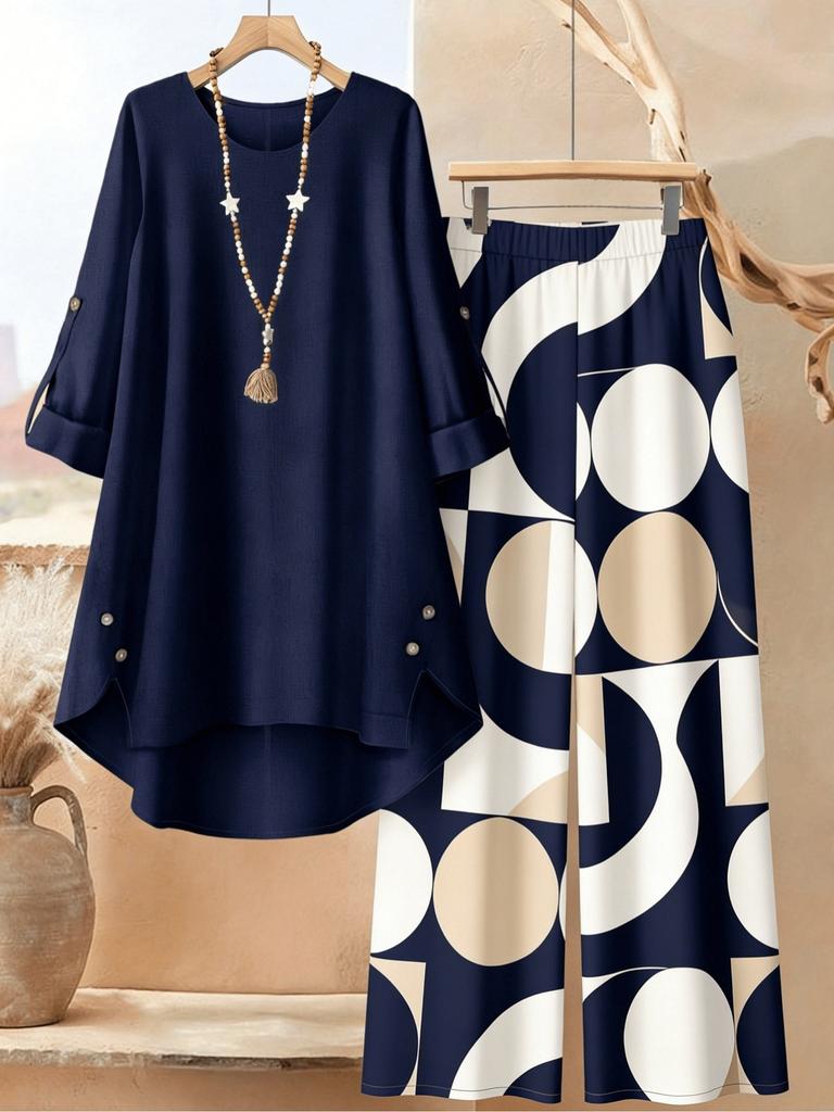 Large Size Women's Seven-quarter-sleeved Irregular Top Plant-printed Wide-leg Pants Casual Two-piece Set Multi-color