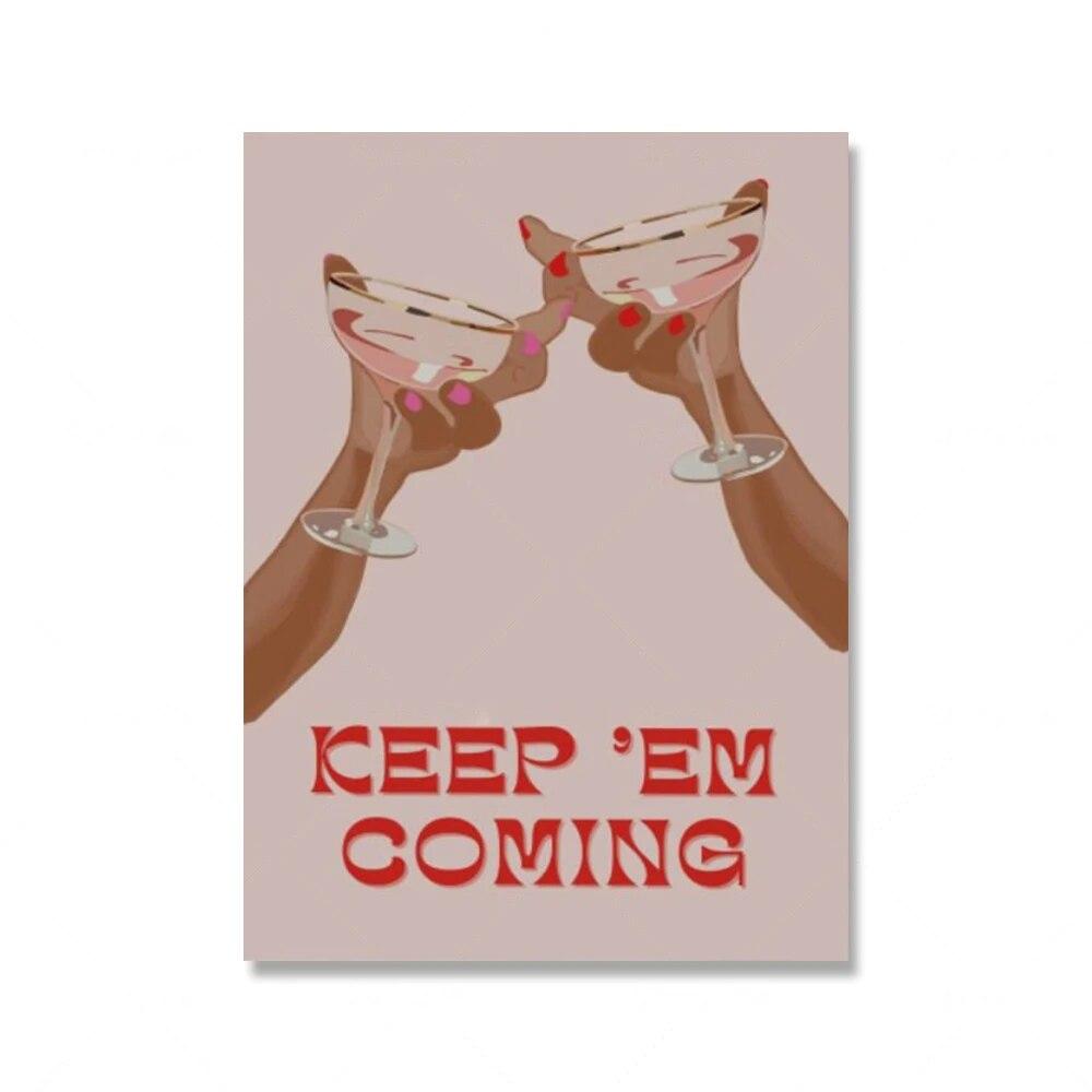 Retro Trendy Bar Disco Tequila Espresso Martini Poster Pink Wall Art Keep 'Em Coming Print Abstract Canvas Painting Home Decor No Frame