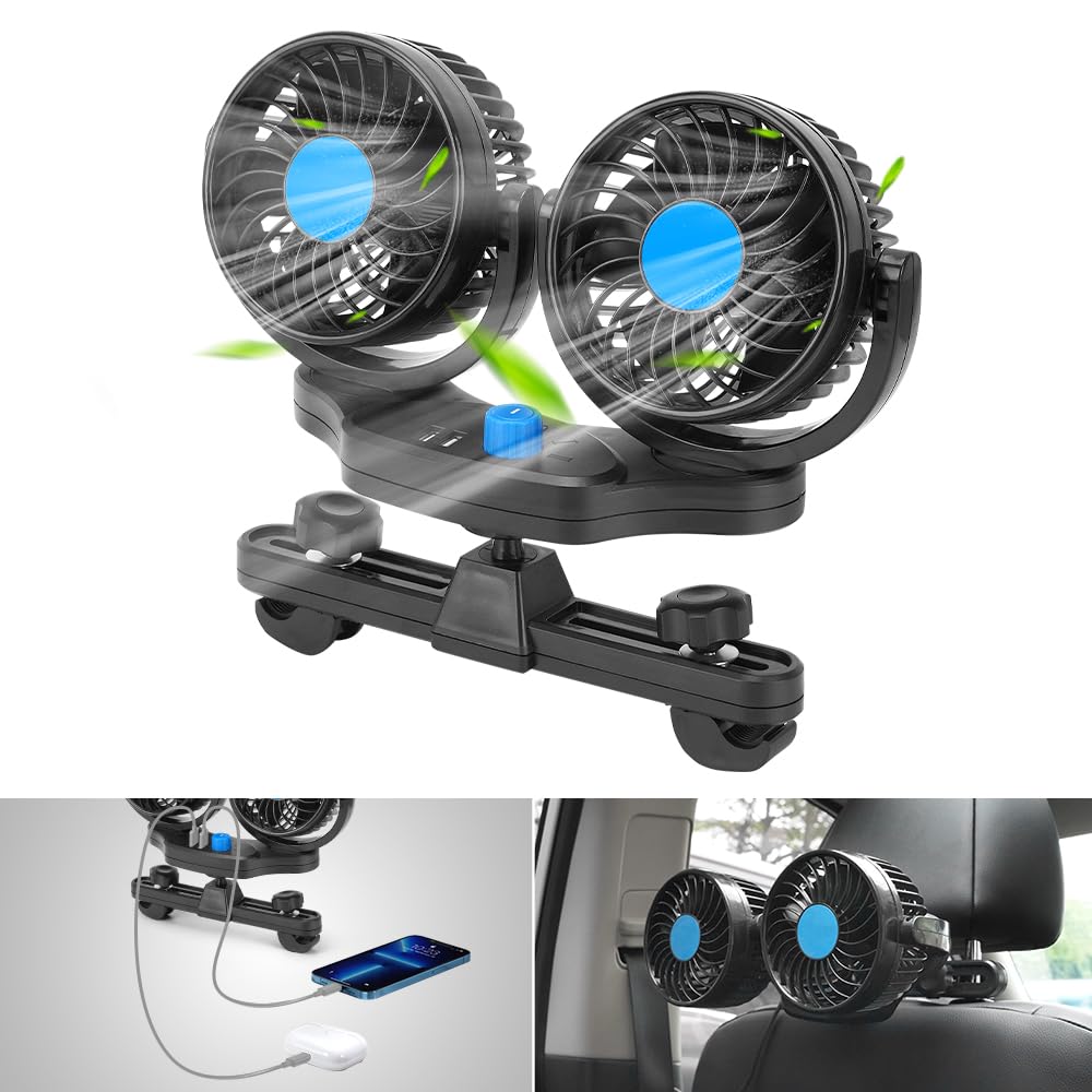 

SUNVIC Car Car Fan with USB Compatible with Back Airflow Twin Angle Low Compatible with Cigarette Lighter Cools Down Inside the Car Fan, 5-Blade Port,
