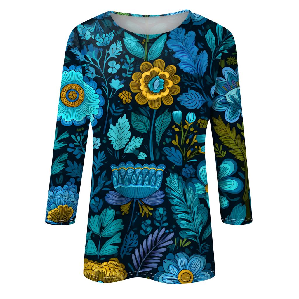 Women's Fashion Casual Round Neck Three-quarter Sleeve Retro Floral Print T-shirt Top