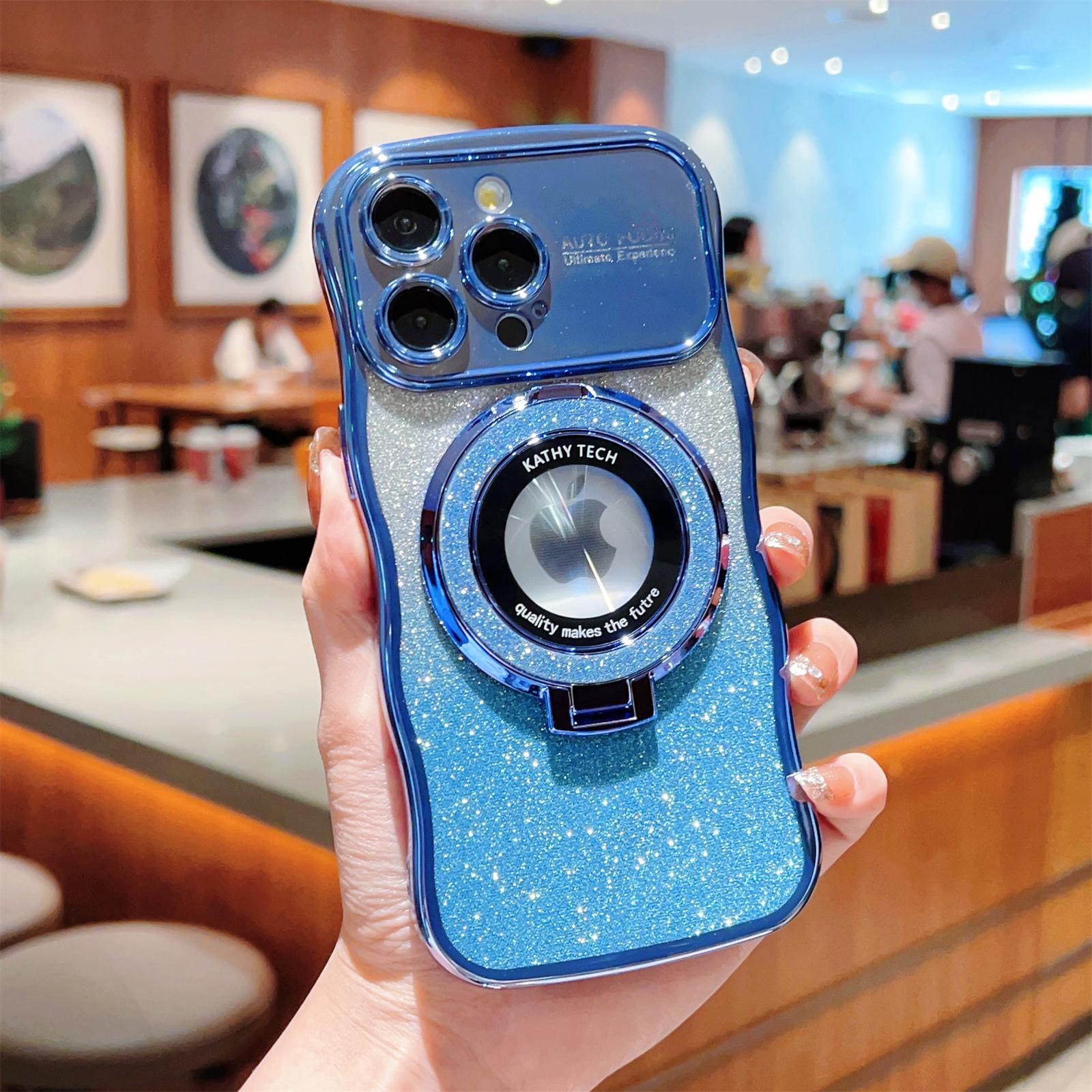 For iPhone 16 Pro Magnetic Case Curly Frame TPU Gradient Glitter Phone Cover with Kickstand D