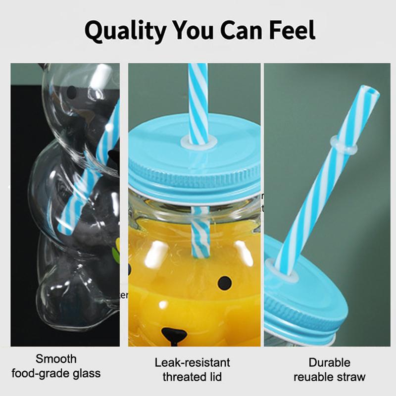 Glass Bear Cup, Honeybear Straw Cup, Glass Cups With Lids And Straws, Cute Mugs Bear Sippy Cups Coffee Beer Wine Cocktail Drinks
