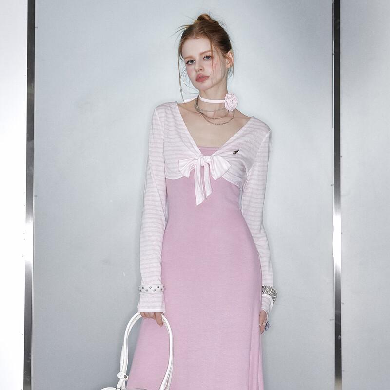 UNIFREE French Rose Strap Dress & Cardigan Set