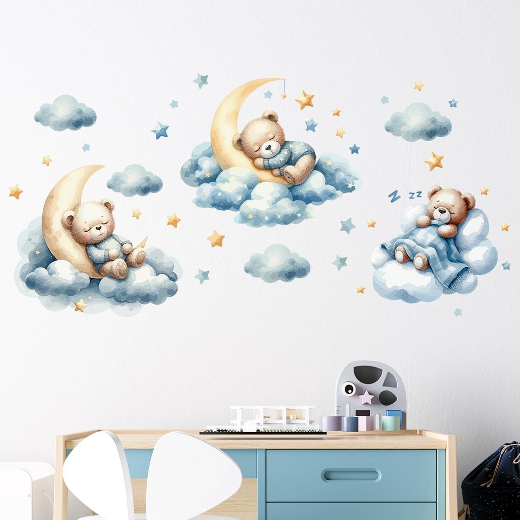 Watercolor Bear Sleep Moon Cloud Wall Stickes Fit For Baby Room Kids Bedroom Wall Decals Nursery Kindergarten Background Wall Decor