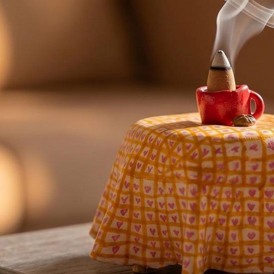 Hand-Painted Mini Table & Coffee Cup Backflow Incense Burner Smoke Waterfall Incense Holder