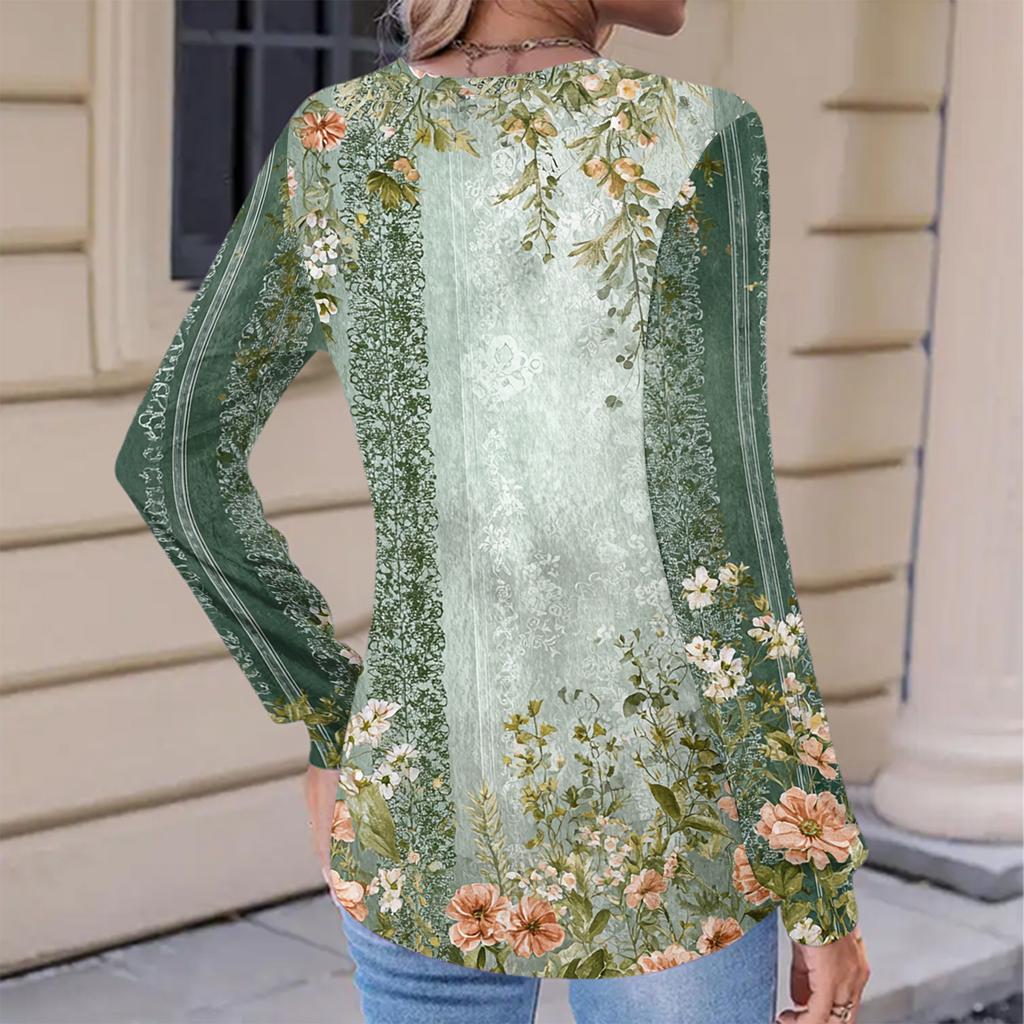 Women's Fashionable Casual Floral Retro Print Pleated Comfortable Round Neck Loose Long Sleeve T-shirt Top