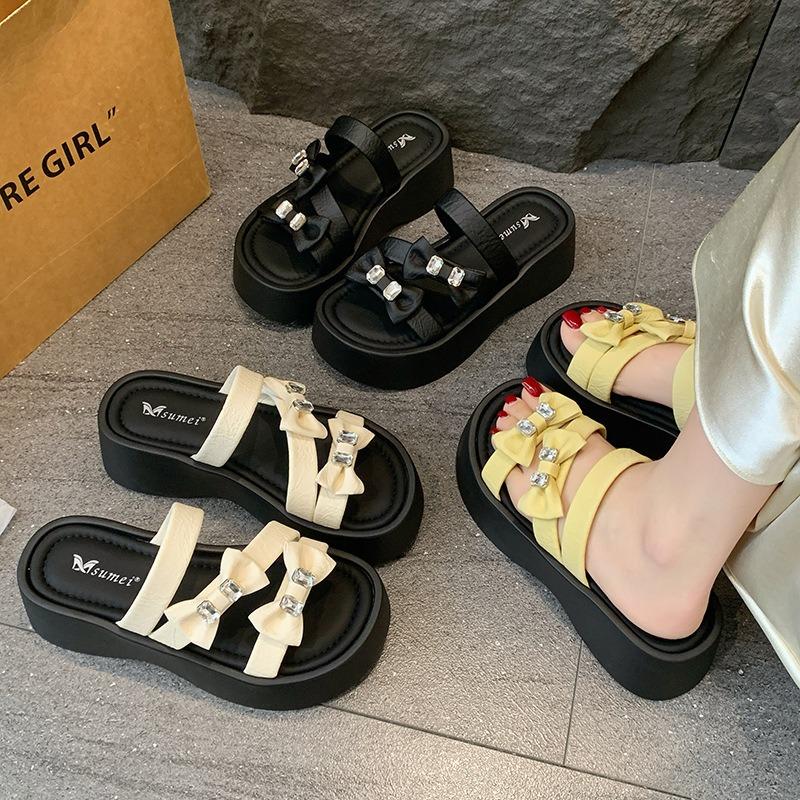 New Outer Wear Muffin Heightened Thick Heel Cool Slippers Leather Thick Bottom One-word Drag Women's Summer New