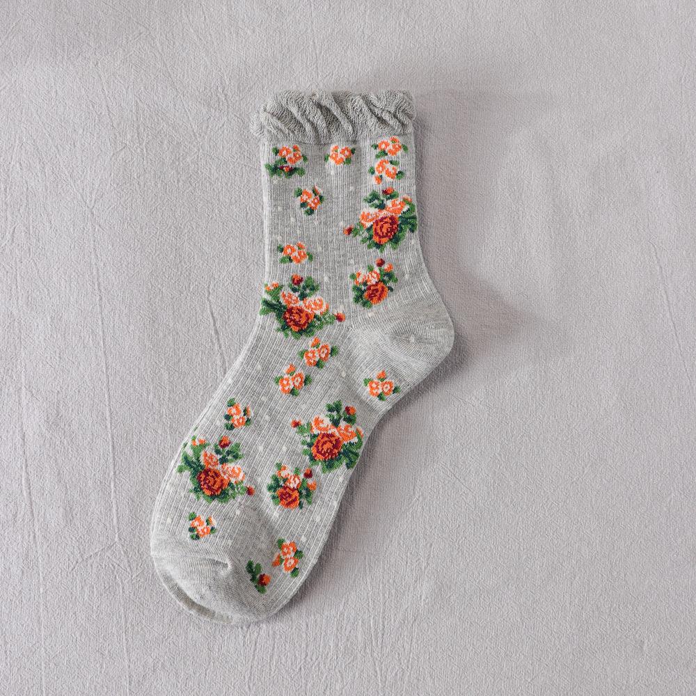 Retro Ethno-Stil Kinder Knöchelsocken, Trendige Sommer- und Frühlings-Leichte Blumen-Kristallseide Frottee-Lange Socken