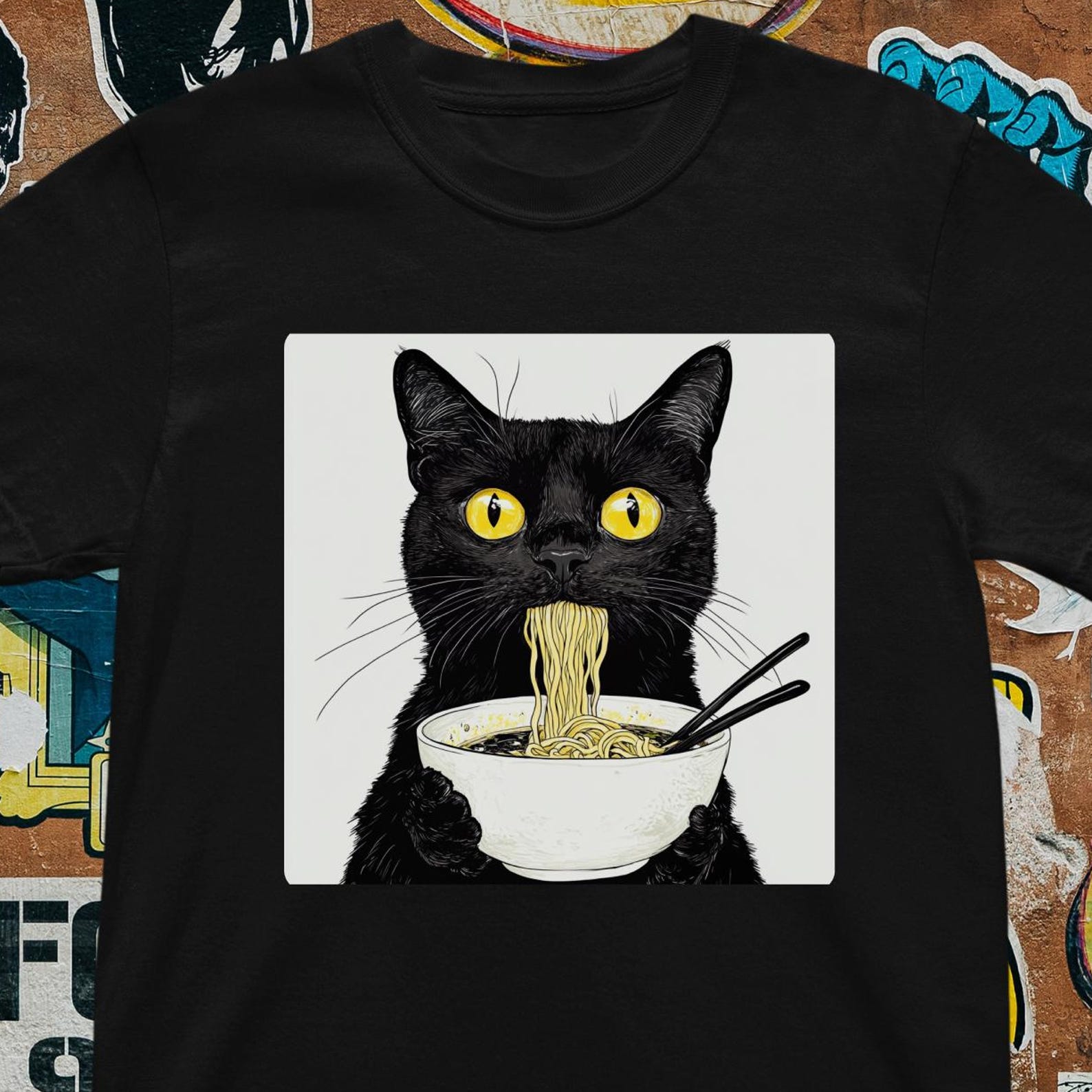 Ramen Cat T-Shirt - Funny Black Cat Eating Noodles M