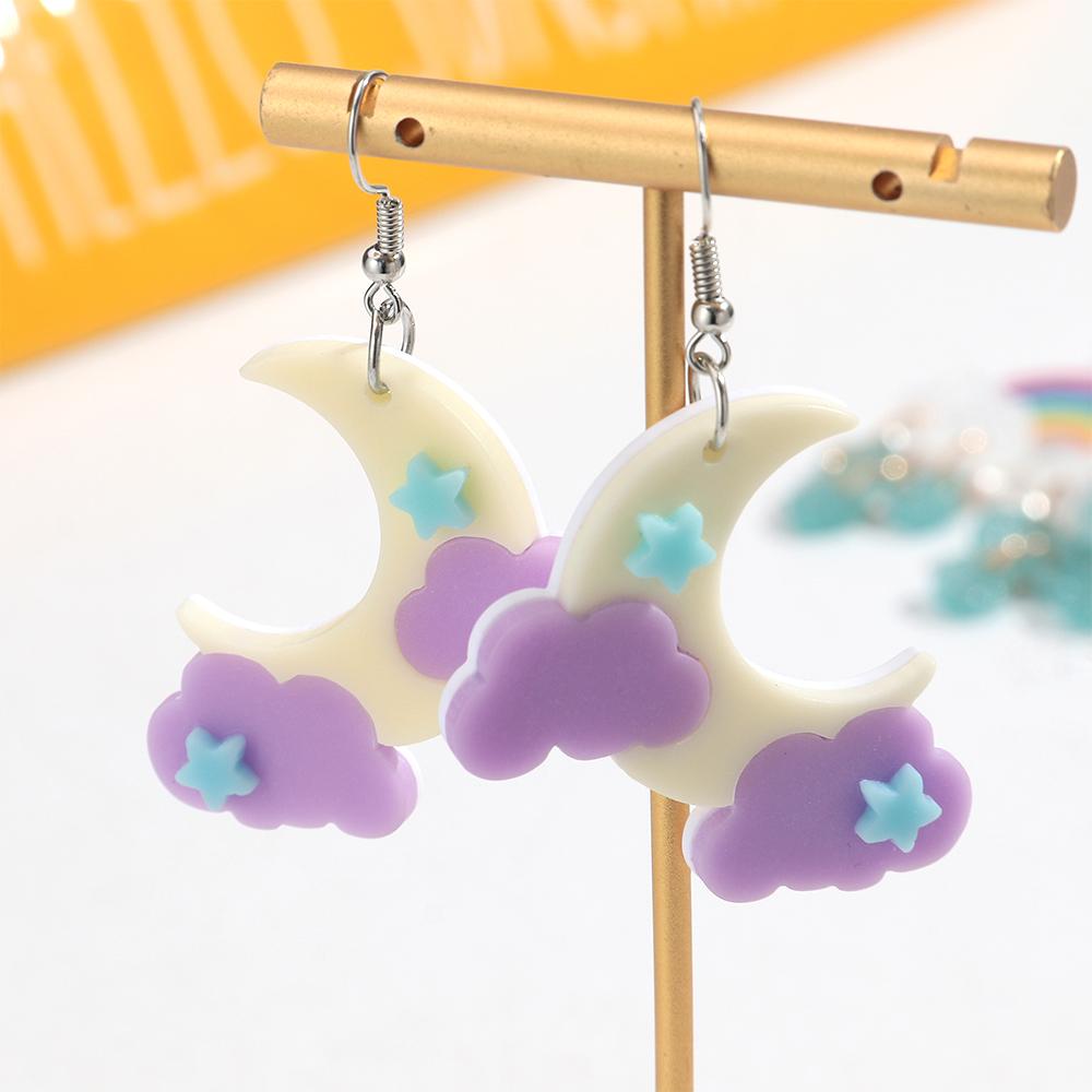 Cute Clouds Rainbow Raindrop Acrylic Earrings for Women Girls Cartoon Moon Purple Cloud Star Drop Earring Fashion Jewelry Gift