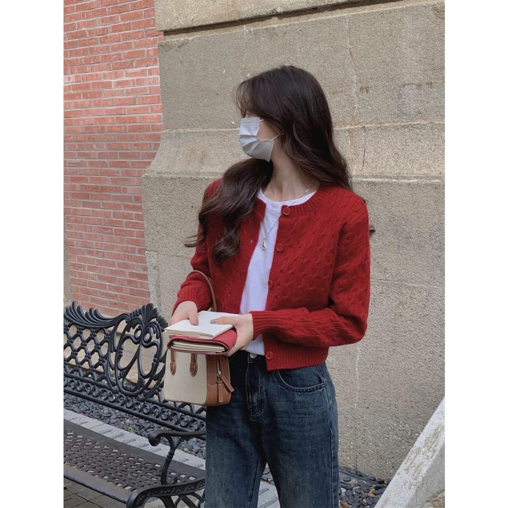 Korean Version College Style Fried Dough Twists Knitting Cardigan Women Gentle Sweet Round Neck Solid Color Knitwear Women Soft Waxy Top Coat